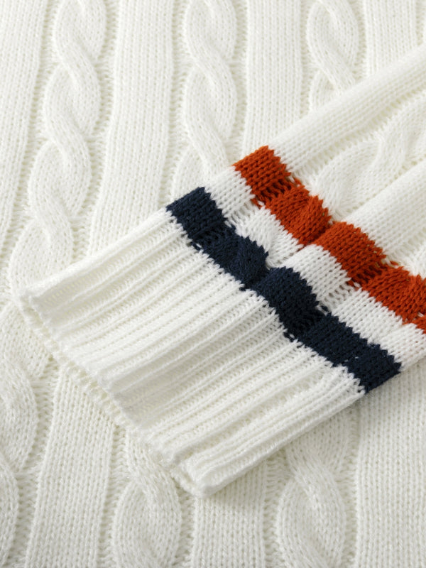 Męski sweter w warkocze | Biały sweter z dekoltem w serek