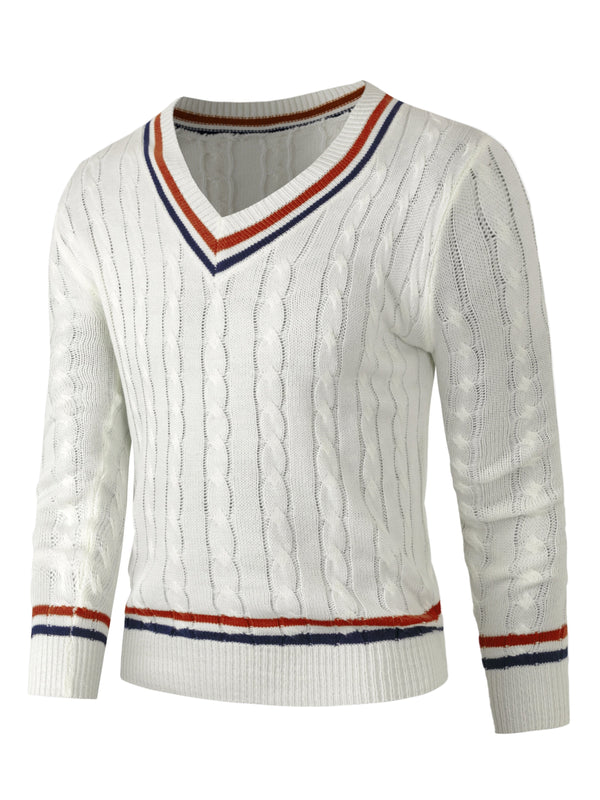 Męski sweter w warkocze | Biały sweter z dekoltem w serek