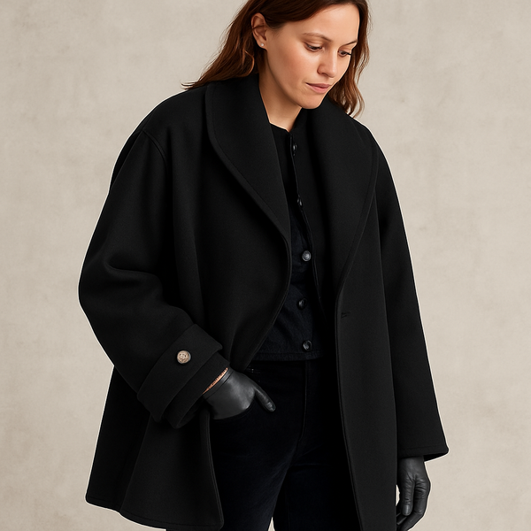 Oversize'owy płaszcz damski z kontrastującymi lamówkami