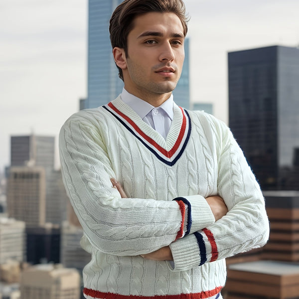 Męski sweter w warkocze | Biały sweter z dekoltem w serek