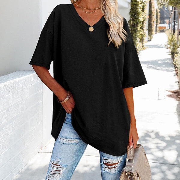 Kate | Luźna jednolita bawełniana koszulka z dekoltem w serek dla kobiet