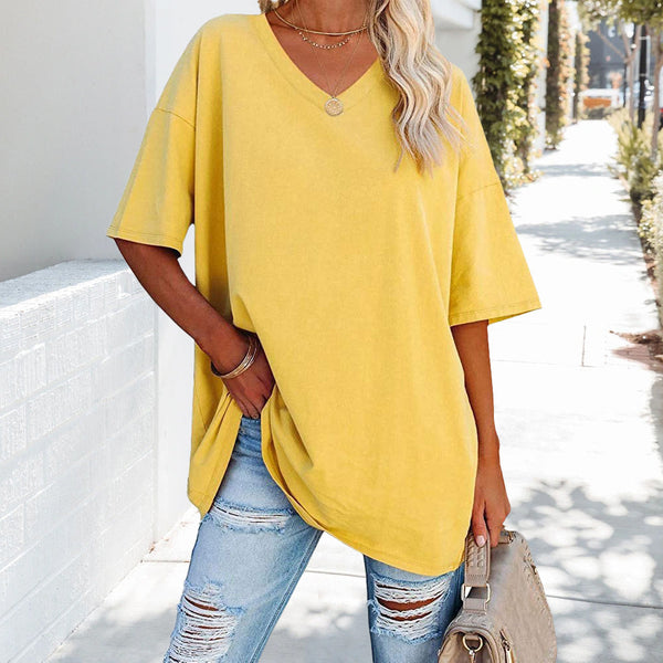 Kate | Luźna jednolita bawełniana koszulka z dekoltem w serek dla kobiet