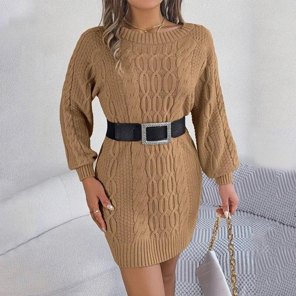 Damski sweter długi z wzorem w warkocze i okrągłym dekoltem