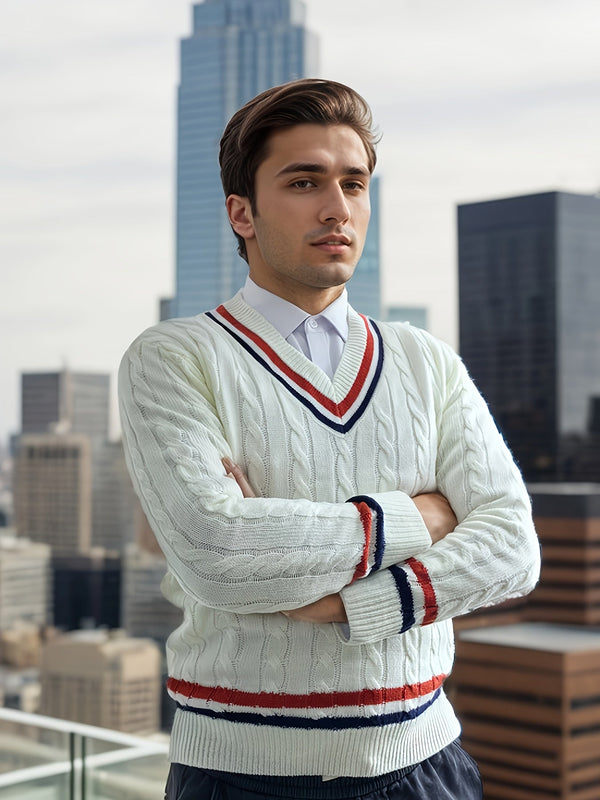 Męski sweter w warkocze | Biały sweter z dekoltem w serek