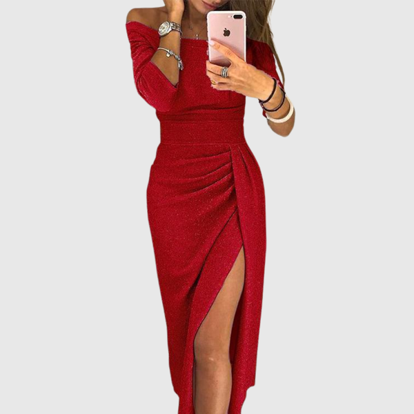 Elegancka długa sukienka | Rozcięcie, off-shoulder dekolt i dopasowany krój