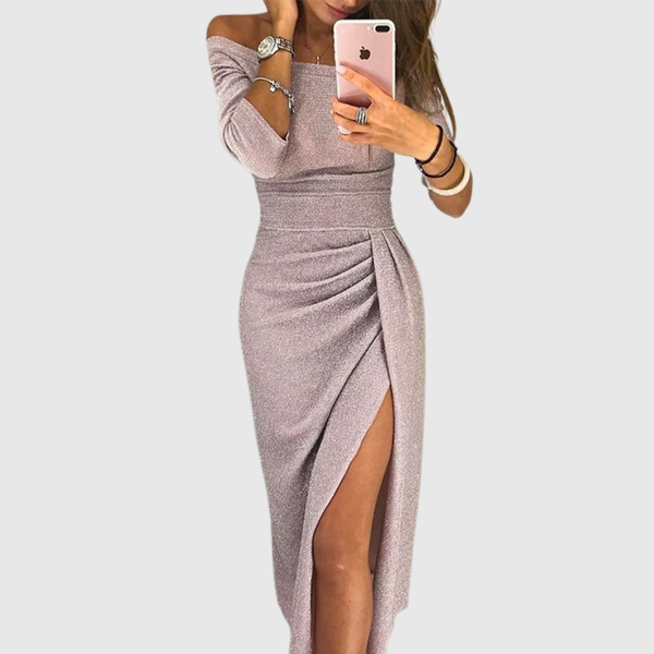 Elegancka długa sukienka | Rozcięcie, off-shoulder dekolt i dopasowany krój