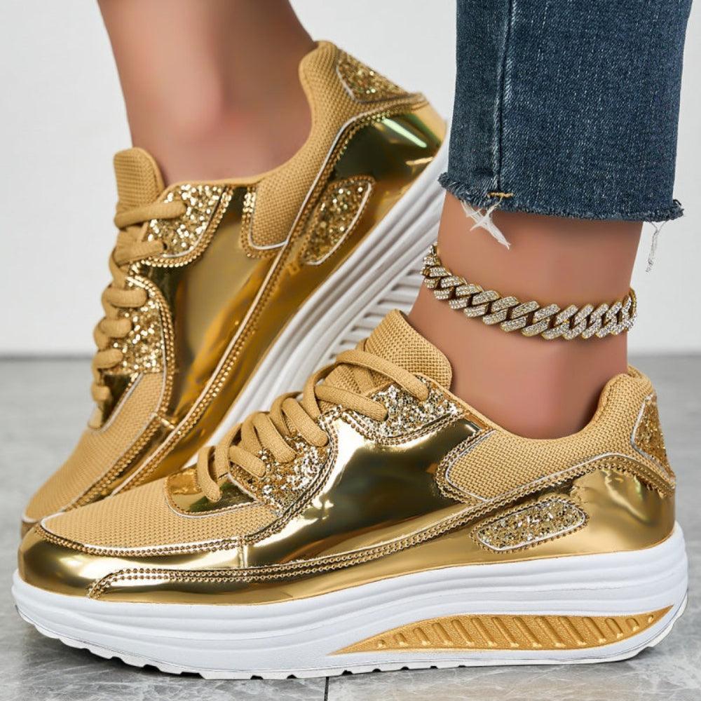 Złote Brokatowe Sneakersy dla Damskich - oddychająca siateczka