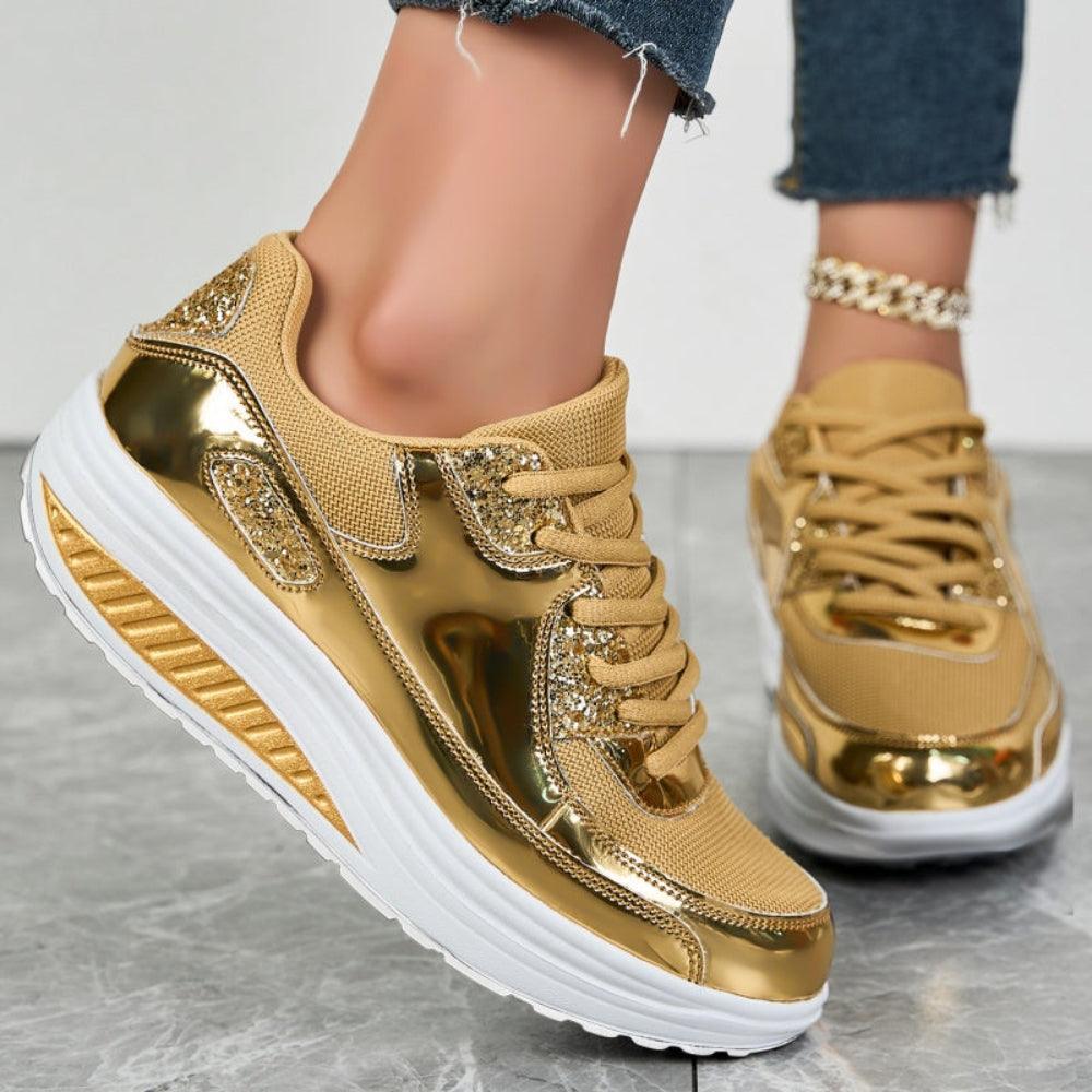 Złote Brokatowe Sneakersy dla Damskich - oddychająca siateczka