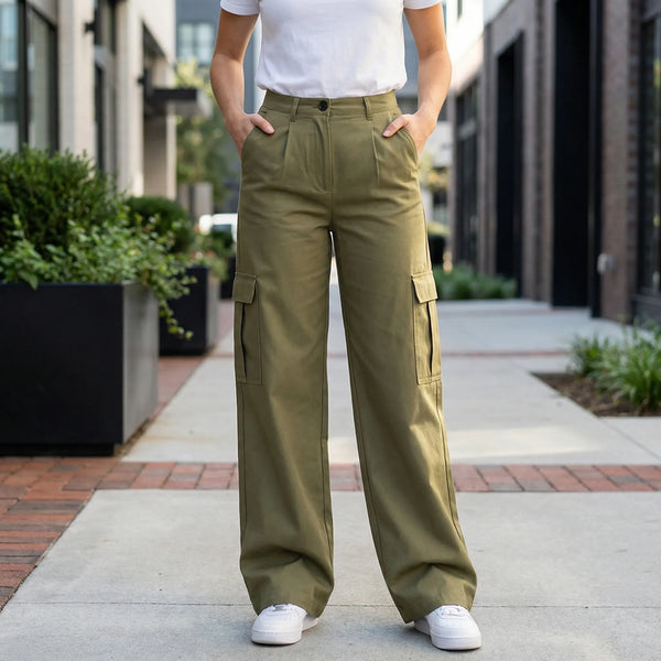 Szerokie Spodnie Cargo Z Wysokim Stanem