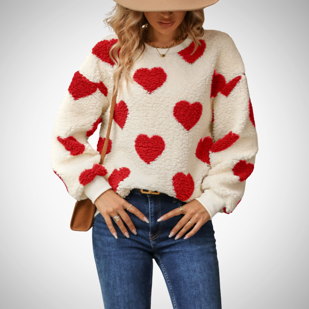 Sweter z sercami | Damski sweter teddy z nadrukiem serc