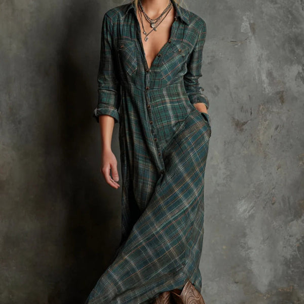 Elegancka sukienka w kratę z kołnierzem i zapięciem na guziki – luźny krój