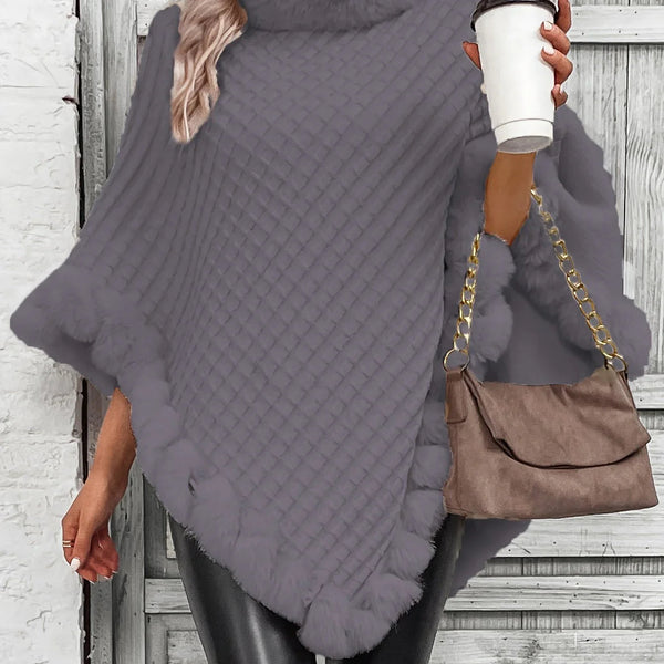 Damskie ponczo | Dzianinowy zimowy płaszcz z futrzanym kołnierzem